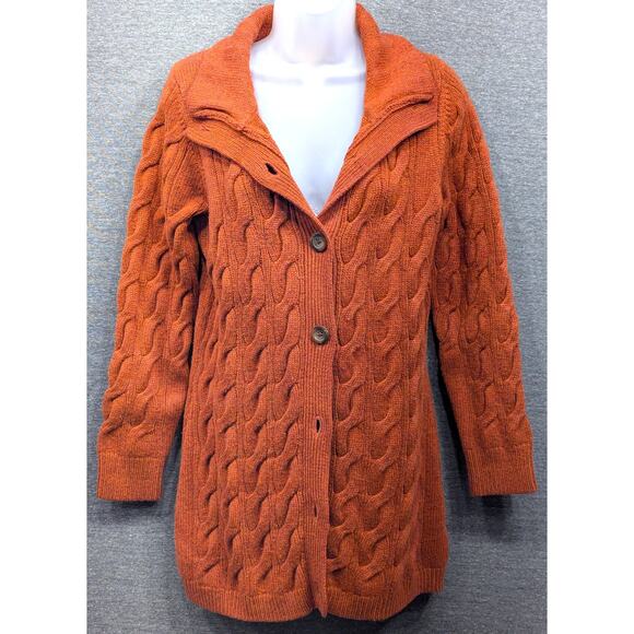 LL BEAN Womens Sweater - Rust, Cardigan, Cable Knit, Wool Blend, Buttons, M - Picture 1 of 4
